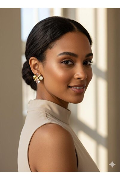 Pelin Aksesuar Pink Stone Steel Square Earrings