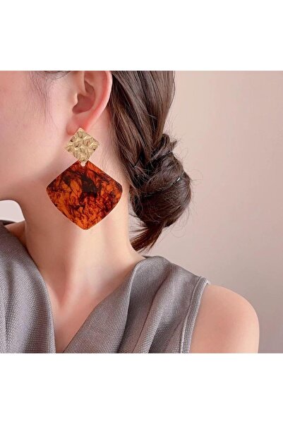 Pelin Aksesuar Kahverengi Gold Büyük Kare Küpe