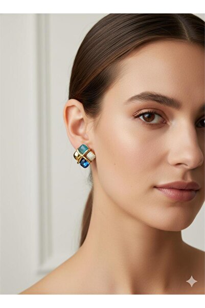 Pelin Aksesuar Blue Stone Steel Square Earrings