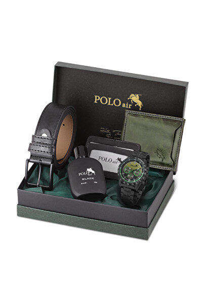 Polo Air Erkek Kol Saati Cüzdan Kartlık Kemer Parfüm Hediyelik Kutusunda Yeşi...