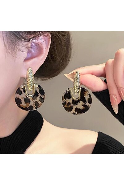 Pelin Aksesuar Leopard Patterned Acrylic Hoop Dangle Gold Earrings