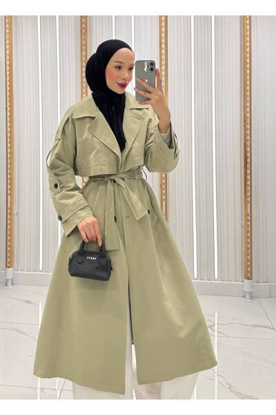 QUMRU Belden Bağlamalı Su Yeşili Kadın Trençkot