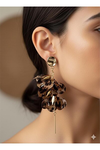 Pelin Aksesuar Brown Leopard Patterned Leaf Model Dangle Gold Bar Earrings