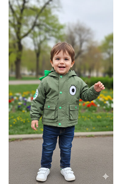 MODA Yeşil dinozor kapüşonlu çıtçıtlı ve fermuarlı içi pelerin erkek çocuğu m...