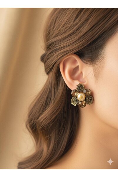 Pelin Aksesuar Khaki Green Brown Stone Rose Figured Earrings