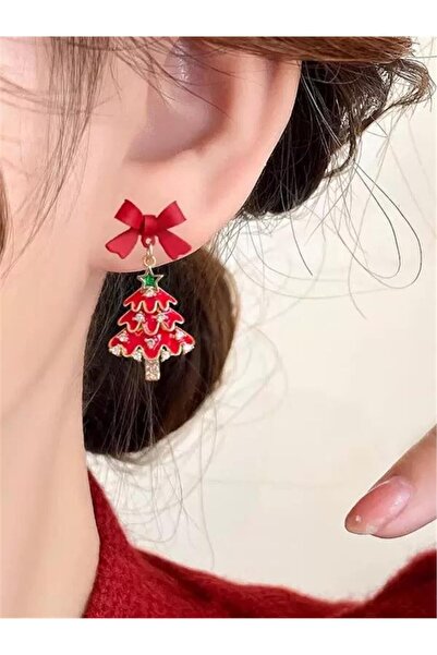 Pelin Aksesuar Red Bow Christmas Tree Earrings