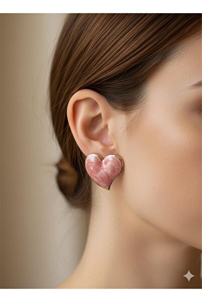 Pelin Aksesuar Pink Heart Steel Earrings