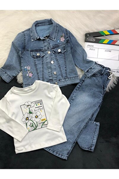 zavera for kids Girl's Floral Applique Pocket Detailed Triple Denim Set - 100% Cotton