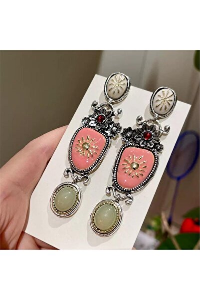 Pelin Aksesuar Etnik İşlemeli Pembe ve Yeşil Taşlı Yıldız Motifli Uzun Barok ...