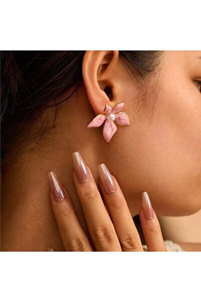 Pelin Aksesuar Pink Pearl Flower Steel Earrings