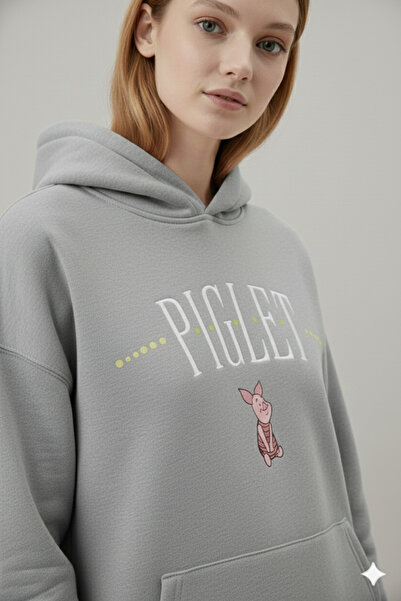 NİCE PIGLET Baskılı 3 İplik Kalın Penye Şardonlu Oversize Kapüşonlu Hoodie Sw...