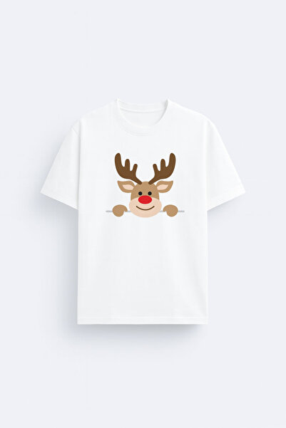 MODA 2026 Geyik Yılbaşı Noel Baba Christmas Baskılı Beyaz Bisiklet Yaka Tişört