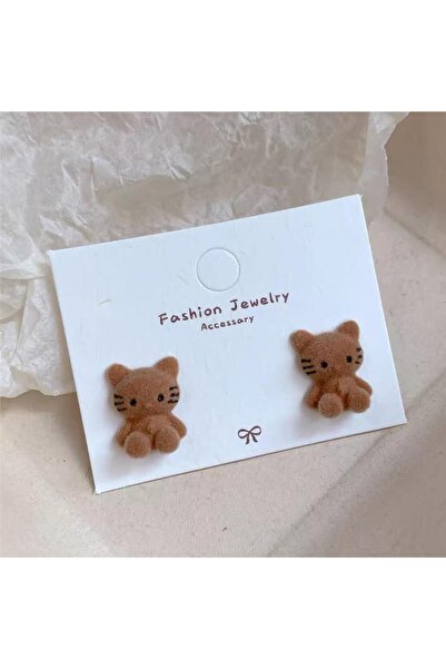 Pelin Aksesuar Kahverengi Kadife Dokulu Sevimli Ayıcık Kedi Çivili Küpe