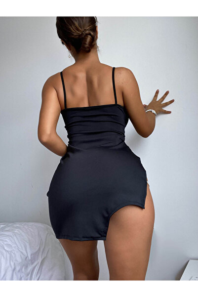 ENMADAM Cămașă de noapte cu decolteu în jos, cu piatră neagră, pe piept și picioare, mini cămașă de noapte