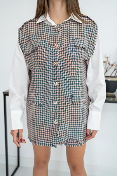 Kanonik Education    Blue Houndstooth Vest and Shorts Set