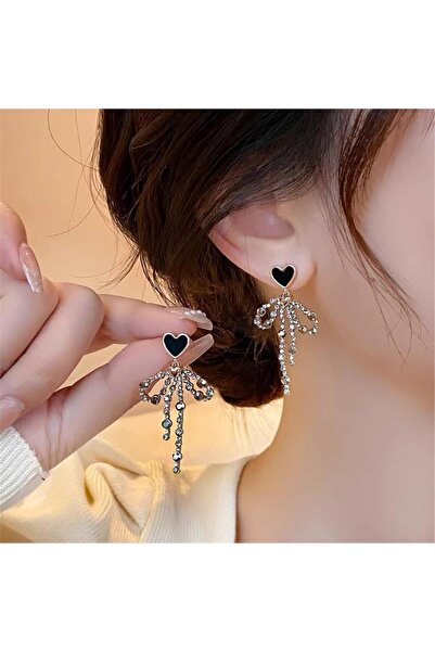 Pelin Aksesuar Black Heart and Crystal Stone Bow Tassel Earrings