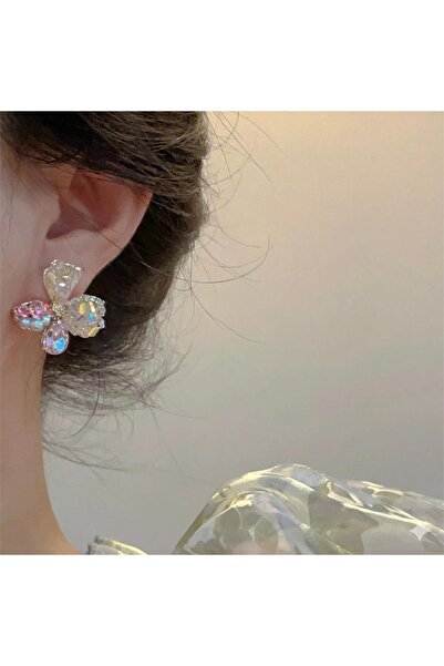 Pelin Aksesuar Şampanya ve Pembe Kristal Taşlı Çiçek Küpe