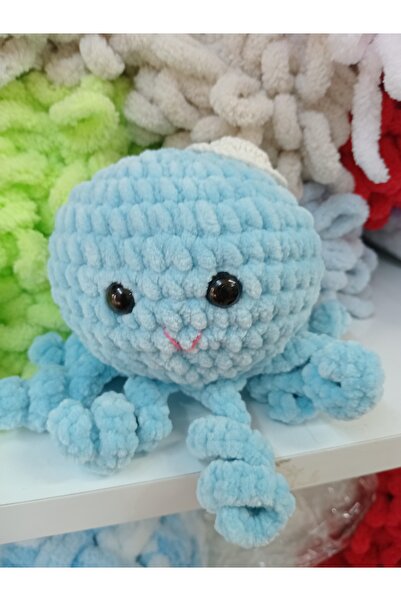 Müjde Tuhafiye Amigurumi El Örgüsü Ahtapot Mavi Siyah Gözlü ( 1 Adet Fiyatıdır.)