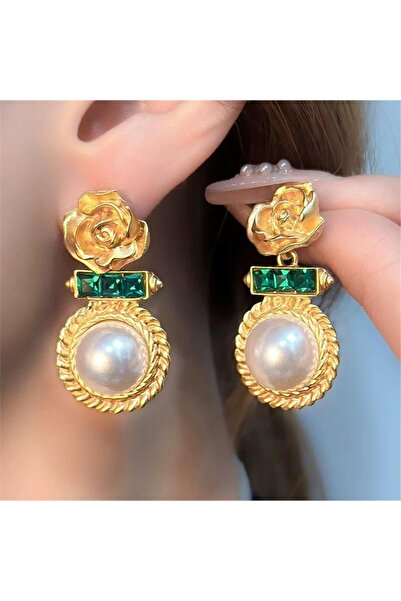 Pelin Aksesuar أقراط على الطراز الباروكي العتيق مع شكل وردة ذهبية وحجر كريستا...