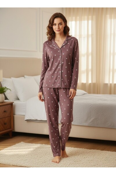 victoria kiss طقم بيجامة بأكمام طويلة ونقشة نجوم