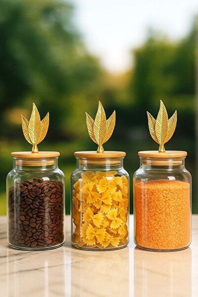 Jenisa Set of 3 Leaf Figured Jars with Bamboo Lids - Medium Size Storage Container 890ml