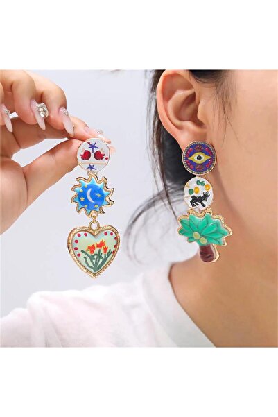 Pelin Aksesuar Renkli Mineli Göz, Kalp ve Palmiye Figürlü Bohem Sallantılı Küpe