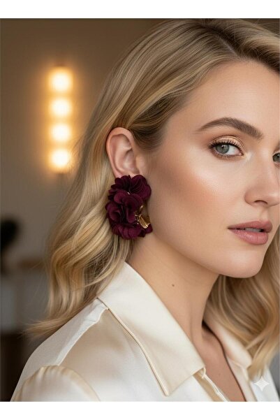 Pelin Aksesuar Burgundy Fabric Floral Gold Leaf Detailed Hoop Earrings