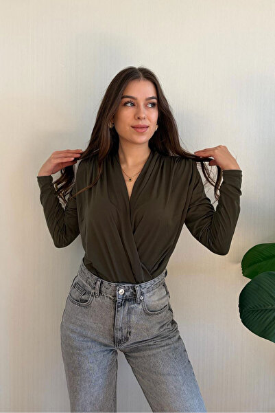 Nazline Women's Double-Breasted Collar Shoulder Drape Detailed Bottom Snap Fastener Bodysuit