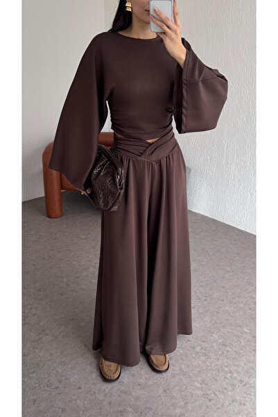 HAZELANNA Modal Brown Suit with Belt Detail