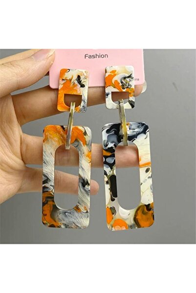 Pelin Aksesuar Orange Gray Marble Pattern Rectangular Hoop Earrings