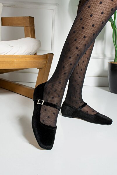 dabab shoes Velora Black Buckle Square Toe Velvet Mary Jane Ballet Flats