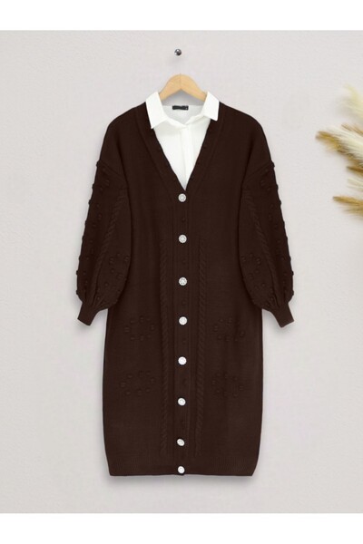 Modamorfo Embossed Knitted Patterned Buttoned Knitwear Cardigan - Brown