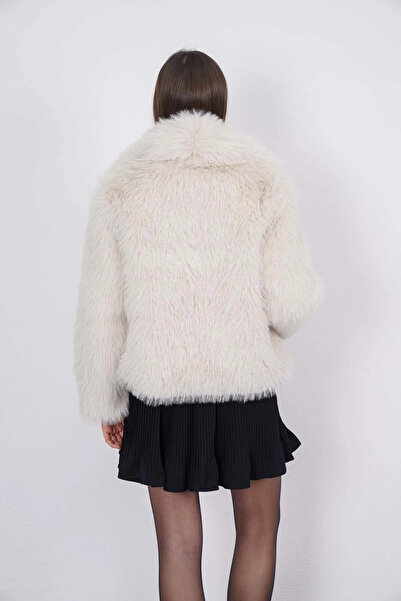 TİLLE Women's Trend Model Lined Beige Faux Fur Jacket