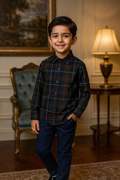 La reina petite Boys' suit: long-sleeved plaid shirt and navy blue trousers