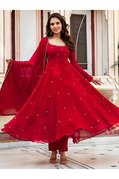 MYSMAR Red Georgette Top Pent & Dupatta - HRT1971 | Red