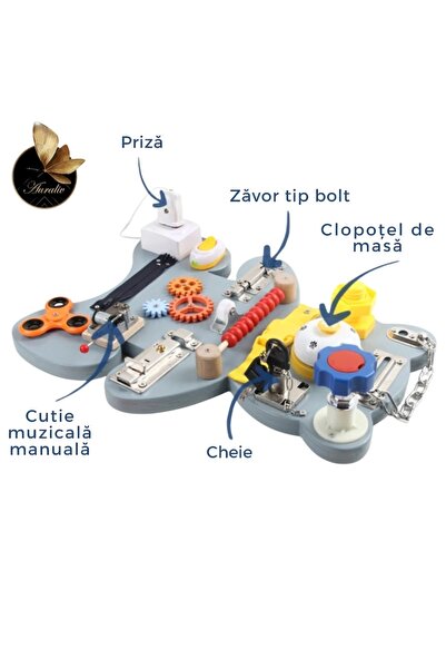 AURALIV ® Montessori Sensory Board Bear-Shaped – Wooden Busy Board with Locks, Gears, Keys and Sou