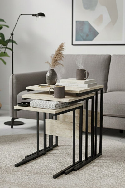 Orysa Design ZS-2 Zigon Sehpa, 3'lü Metal Ayaklı Yan Sehpa, Traverten