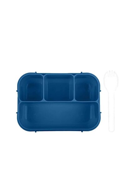 Bugucat Lunch box, 4 compartments, spoon included, microwave/refrigerator/dishwasher safe, blue