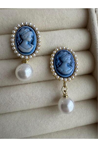 Pelin Aksesuar Blue Lady Cameo Embossed Pearl Dangle Vintage Earrings