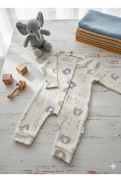 Nayinom %100 Pamuk Fil Desenli Fitilli Yumuşak Tulum