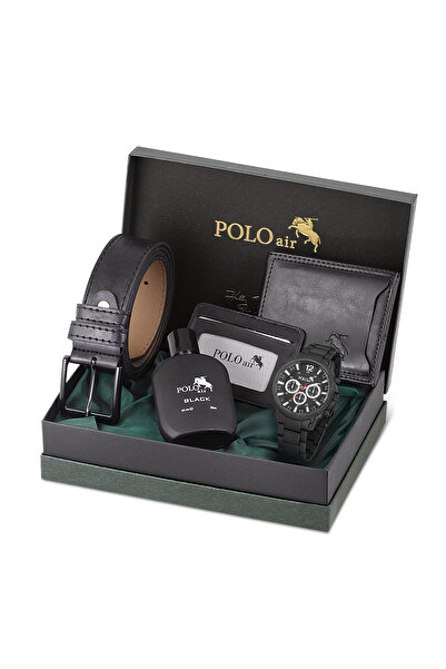 Polo Air Erkek Kol Saati Kemer Cüzdan Kartlık Parfüm Hediyelik Kutusunda Siya...