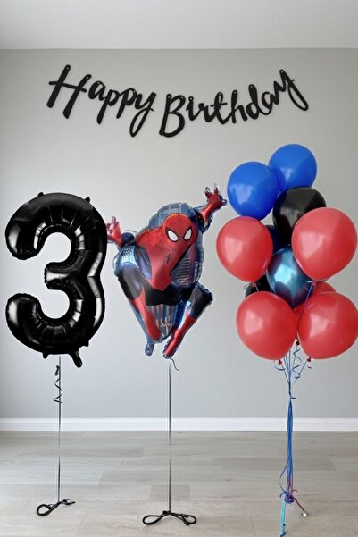 PARTİAVM 3 Yaş Dev Siyah Rakam Balonlu Örümcek Adam Doğum Günü Balon Seti Süp...