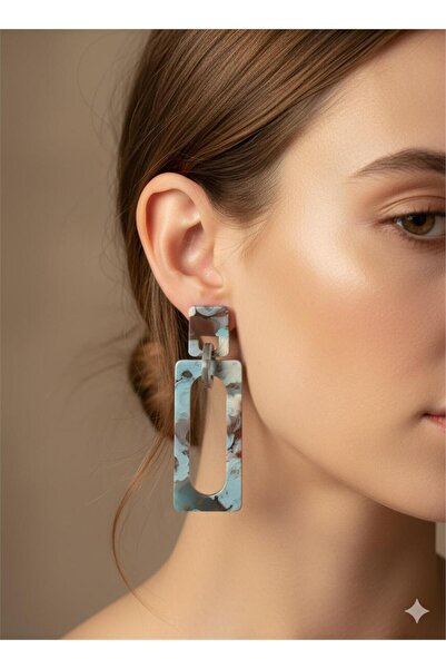 Pelin Aksesuar Blue and Coffee Marble Pattern Rectangular Hoop Earrings