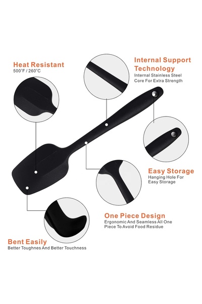 ZUZU MADE Büyük Boy Yanmaz Yapışmaz Çizmez Silikon Çorba Kepçesi Yemek Servis Kaşığı Yan Spatula Düz Spatula Kaşık Seti 4 Parça Siyah Renk