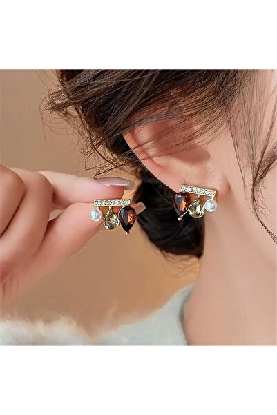 Pelin Aksesuar Kahve ve Şampanya Damla Taşlı Asimetrik Küpe