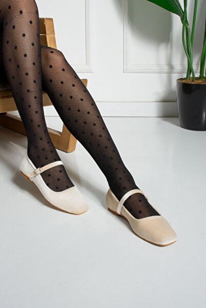 dabab shoes Velora Beige Buckled Square Toe Velvet Mary Jane Ballet Flats