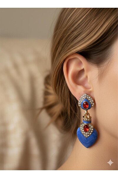 Pelin Aksesuar أقراط متدلية عتيقة الطراز مطلية بالمينا الزرقاء والأحجار الحمراء