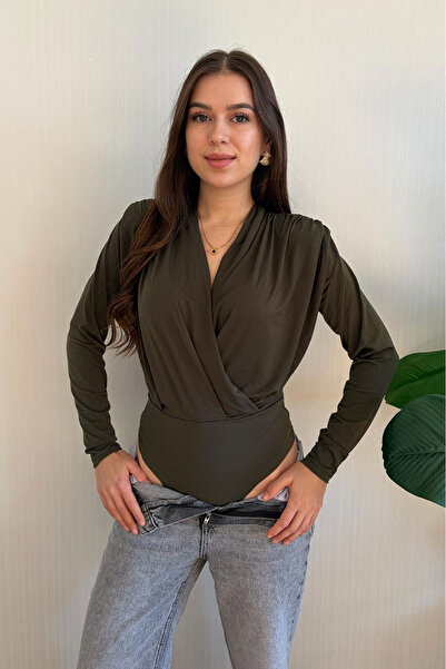 Nazline Women's Double-Breasted Collar Shoulder Drape Detailed Bottom Snap Fastener Bodysuit