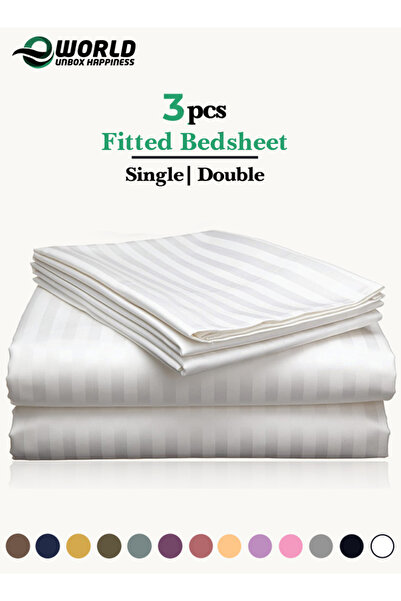 e world unbox happiness 3 Piece White Striped Fitted Bed Sheet Set – Fitted Sheet & 2 Pillowcases