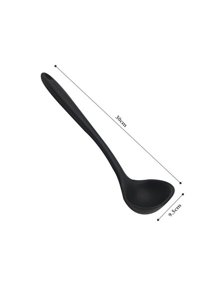 ZUZU MADE Büyük Boy Yanmaz Yapışmaz Çizmez Silikon Çorba Kepçesi Yemek Servis Kaşığı Yan Spatula Düz Spatula Kaşık Seti 4 Parça Siyah Renk